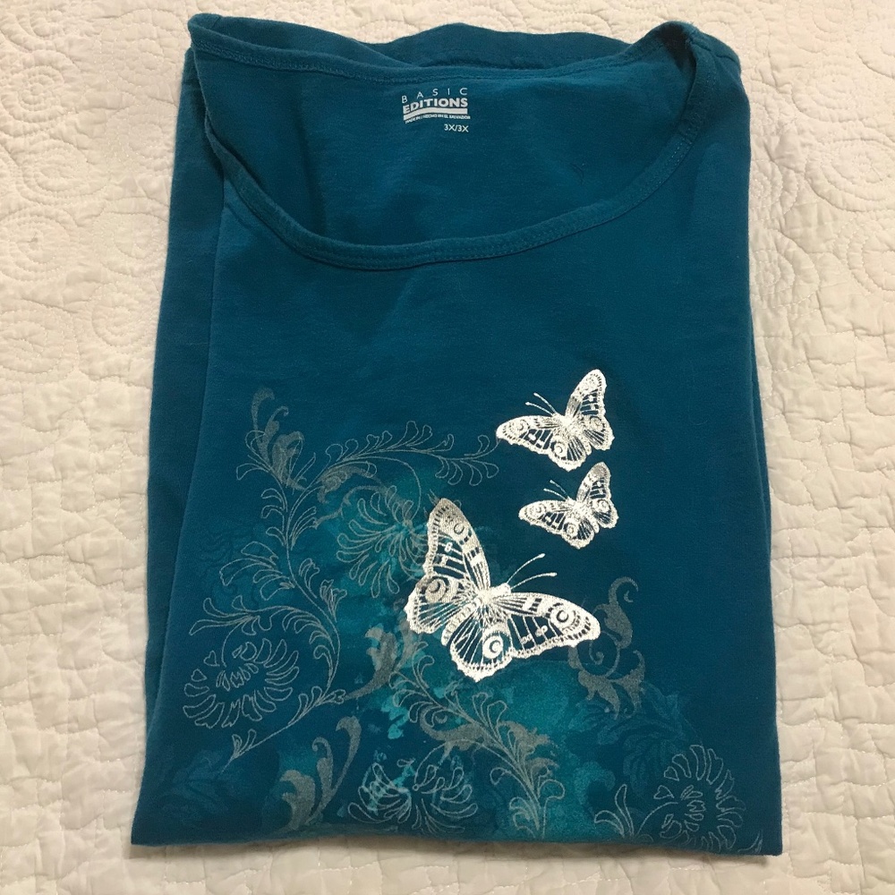 Basic Editions teal t-shirt with scrollwork design & silver butterflies (3X)